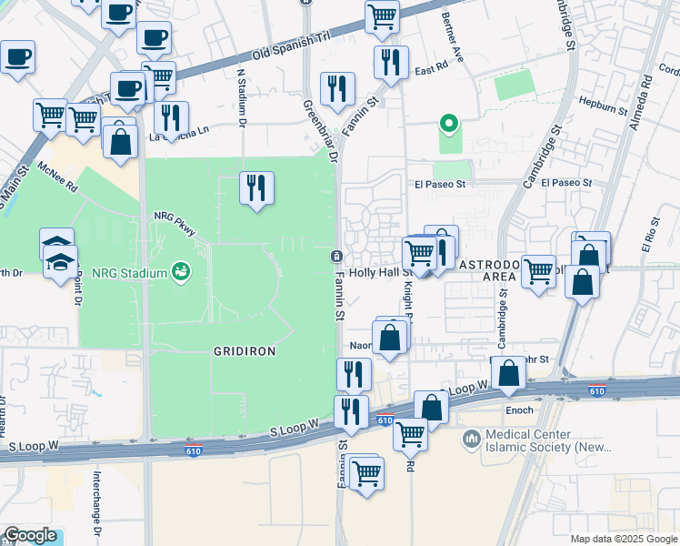 map of restaurants, bars, coffee shops, grocery stores, and more near Fannin St & Holly Hall St in Houston