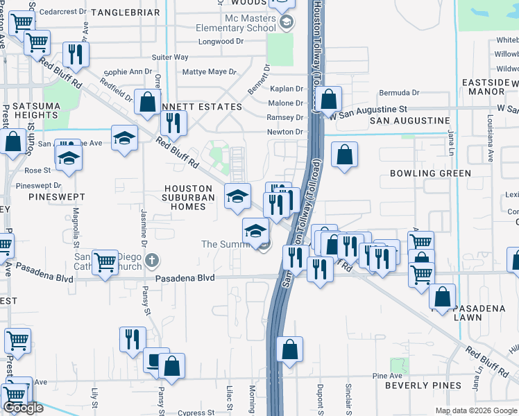 map of restaurants, bars, coffee shops, grocery stores, and more near 3716 Red Bluff Road in Pasadena