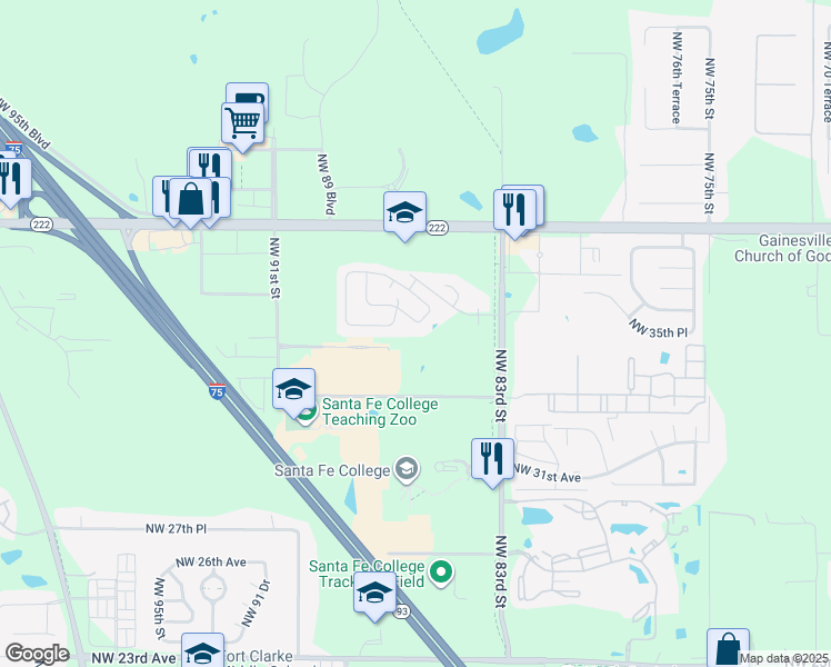 map of restaurants, bars, coffee shops, grocery stores, and more near 8501 Northwest 35th Lane in Gainesville