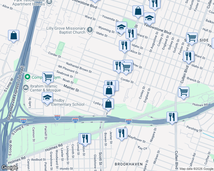 map of restaurants, bars, coffee shops, grocery stores, and more near 7222 Scott Street in Houston