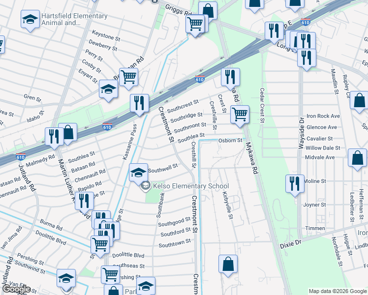 map of restaurants, bars, coffee shops, grocery stores, and more near 5914 Southurst Street in Houston