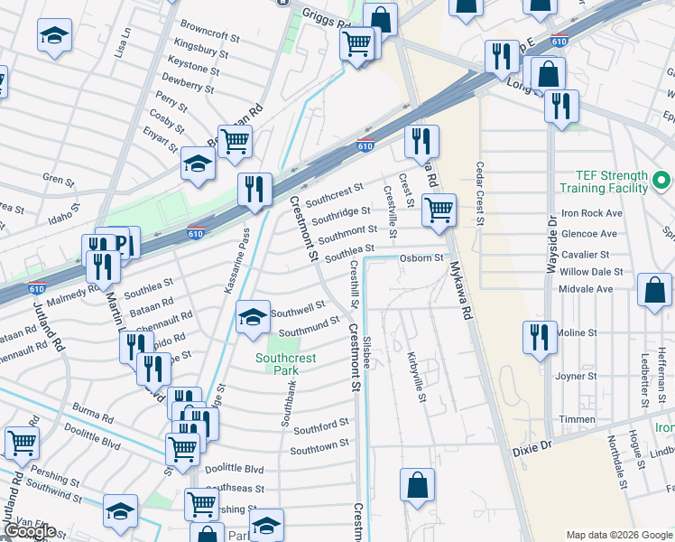 map of restaurants, bars, coffee shops, grocery stores, and more near 5914 Southurst Street in Houston