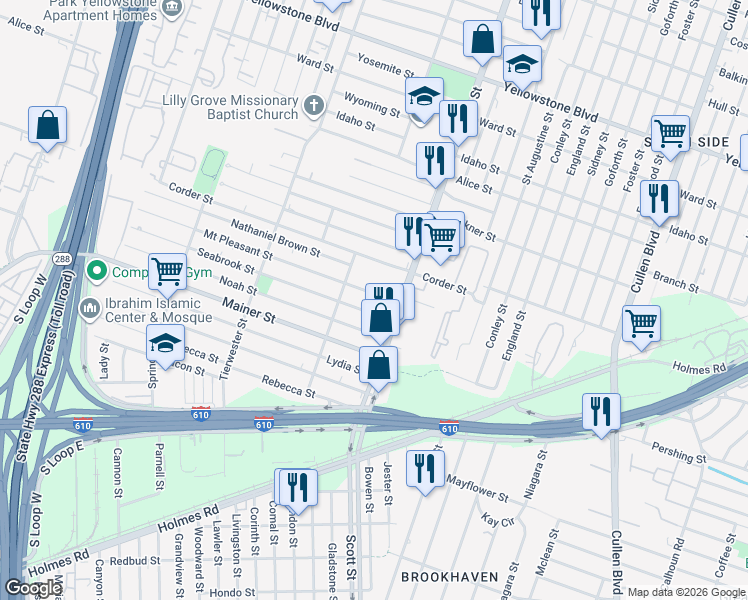 map of restaurants, bars, coffee shops, grocery stores, and more near 7222 Scott Street in Houston