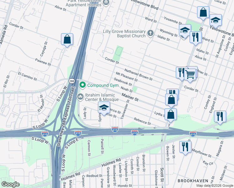 map of restaurants, bars, coffee shops, grocery stores, and more near 3539 Lydia Street in Houston