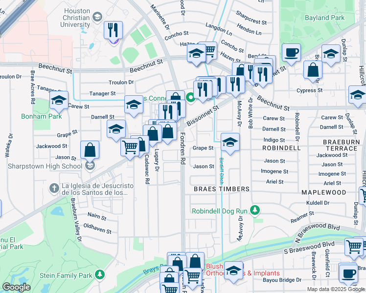 map of restaurants, bars, coffee shops, grocery stores, and more near 6617 Grape Street in Houston