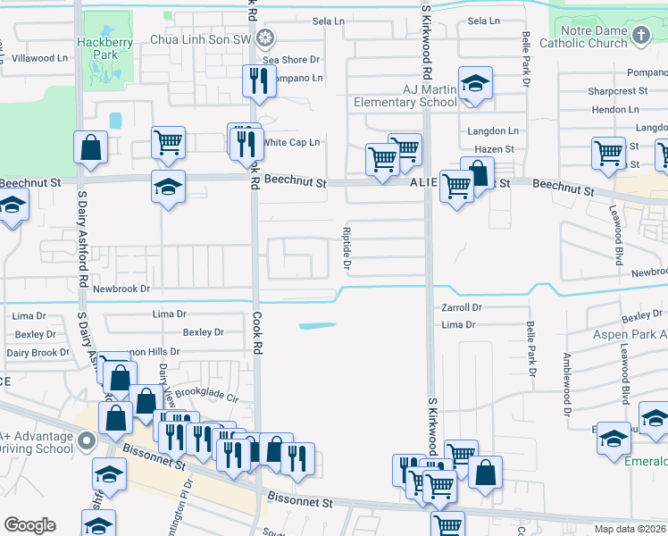 map of restaurants, bars, coffee shops, grocery stores, and more near 8519 Cookwind Drive in Houston