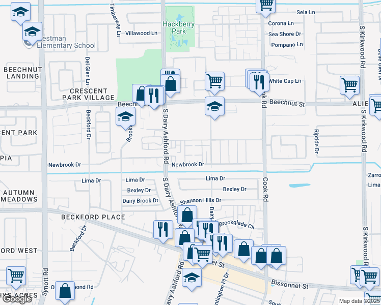 map of restaurants, bars, coffee shops, grocery stores, and more near 12572 Newbrook Drive in Houston