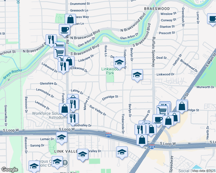 map of restaurants, bars, coffee shops, grocery stores, and more near 9018 Ilona Lane in Houston