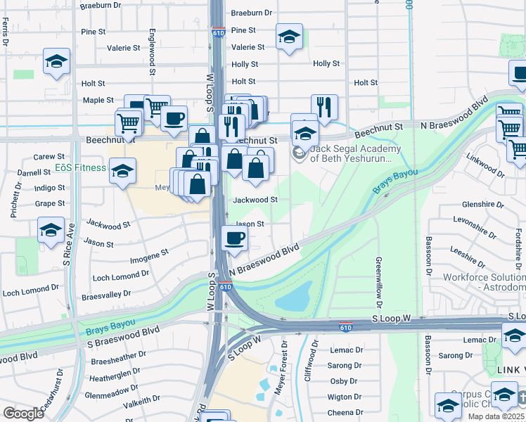 map of restaurants, bars, coffee shops, grocery stores, and more near 8801-8899 Meyer Park Dr in Houston