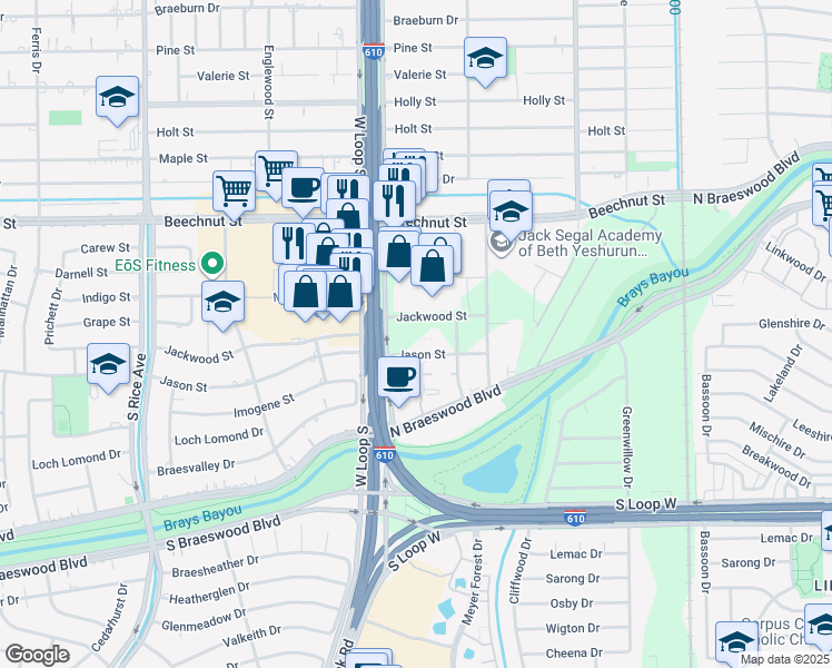 map of restaurants, bars, coffee shops, grocery stores, and more near 4614-4698 Jason St in Houston