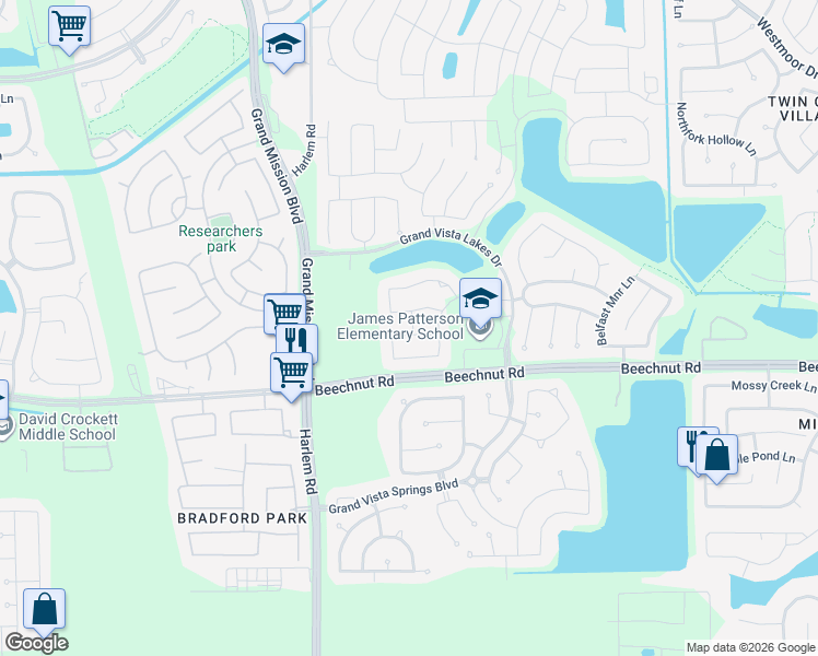 map of restaurants, bars, coffee shops, grocery stores, and more near 18939 Elrington Creek Court in Richmond