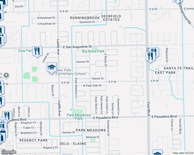map of restaurants, bars, coffee shops, grocery stores, and more near 1602 Ranier Drive in Deer Park