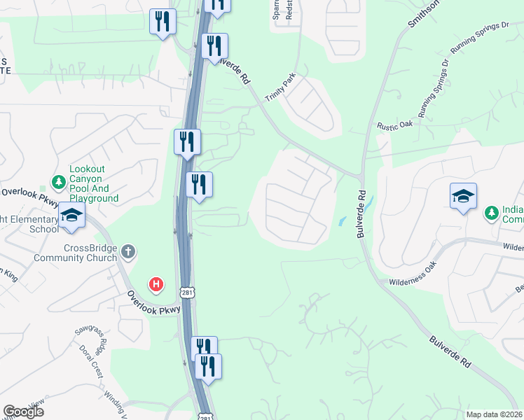 map of restaurants, bars, coffee shops, grocery stores, and more near 25927 Avellino Bluff in San Antonio