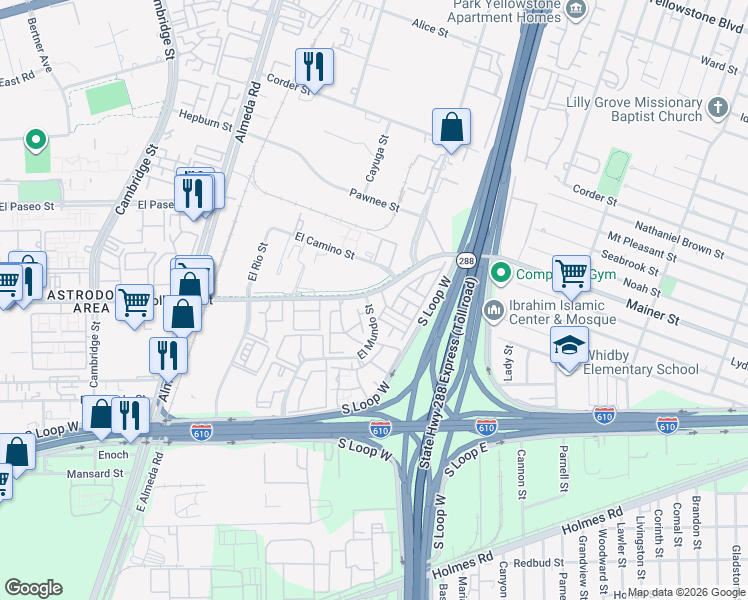 map of restaurants, bars, coffee shops, grocery stores, and more near 2804 Holly Hall Street in Houston
