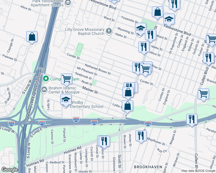 map of restaurants, bars, coffee shops, grocery stores, and more near 3725 Noah Street in Houston