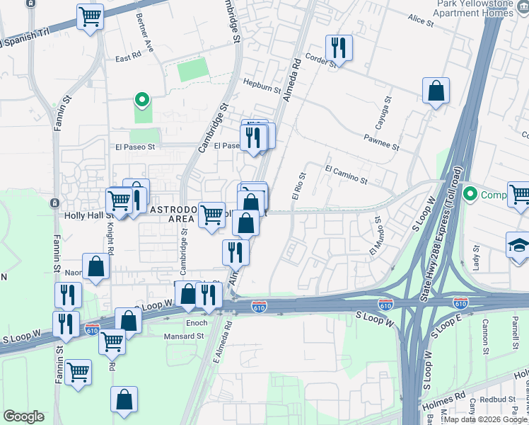 map of restaurants, bars, coffee shops, grocery stores, and more near Holly Hall Dr in Houston