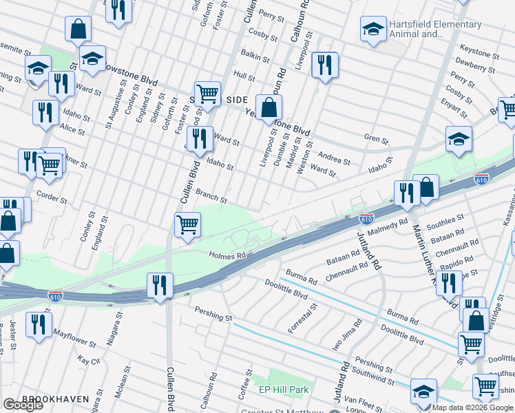 map of restaurants, bars, coffee shops, grocery stores, and more near 4734 Branch Street in Houston