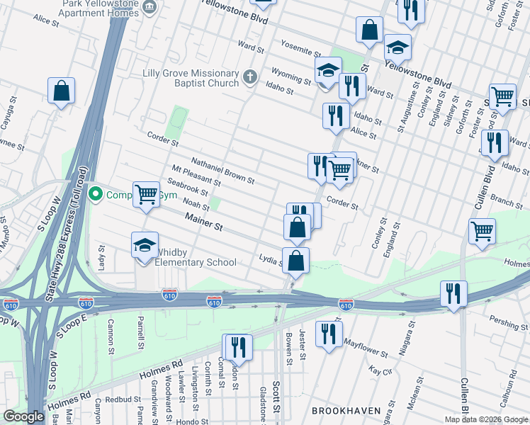 map of restaurants, bars, coffee shops, grocery stores, and more near 3725 Noah Street in Houston