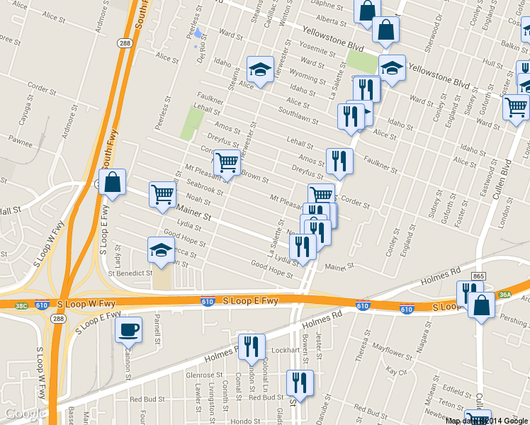 map of restaurants, bars, coffee shops, grocery stores, and more near 3725 Noah Street in Houston