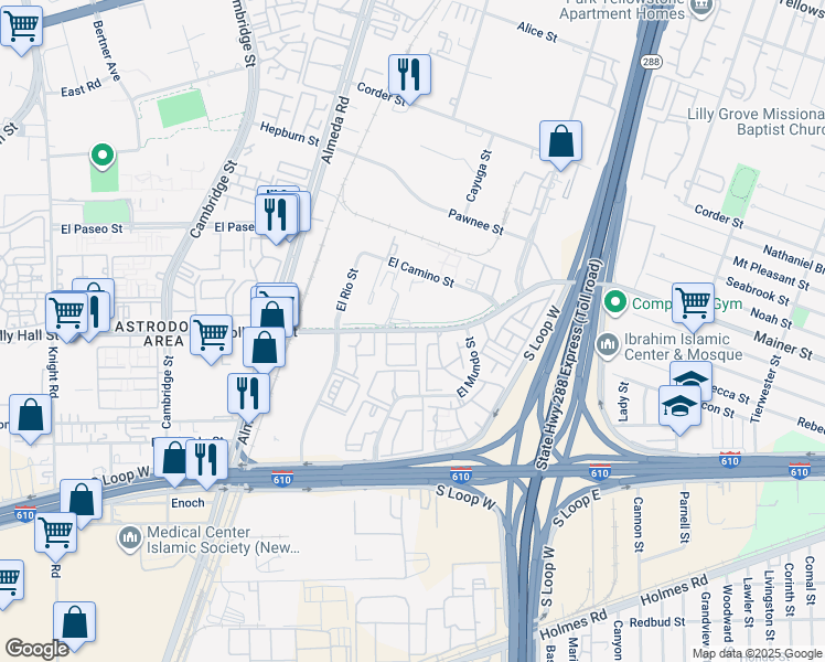 map of restaurants, bars, coffee shops, grocery stores, and more near 2650 Holly Hall Street in Houston