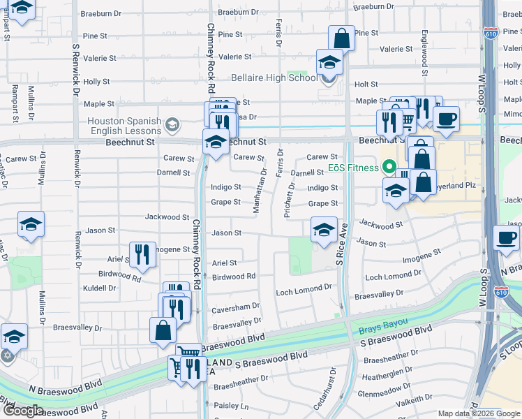 map of restaurants, bars, coffee shops, grocery stores, and more near 5214 Jackwood Street in Houston