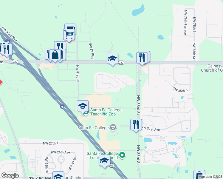 map of restaurants, bars, coffee shops, grocery stores, and more near 8501 Northwest 35th Lane in Gainesville