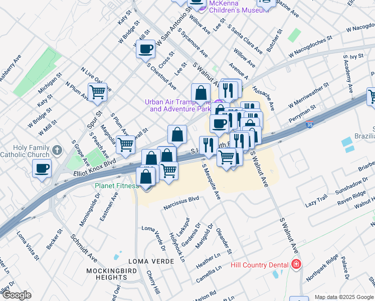 map of restaurants, bars, coffee shops, grocery stores, and more near 1436 Interstate Highway 35 South in New Braunfels