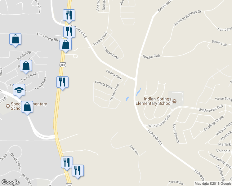 map of restaurants, bars, coffee shops, grocery stores, and more near 25910 Torena Loop in San Antonio