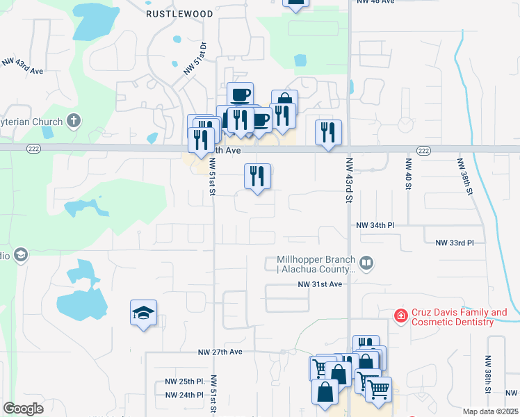 map of restaurants, bars, coffee shops, grocery stores, and more near 4817 Northwest 35th Lane in Gainesville