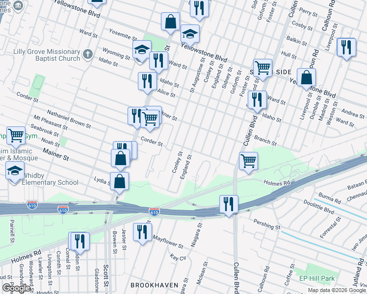 map of restaurants, bars, coffee shops, grocery stores, and more near 7214 Conley Street in Houston
