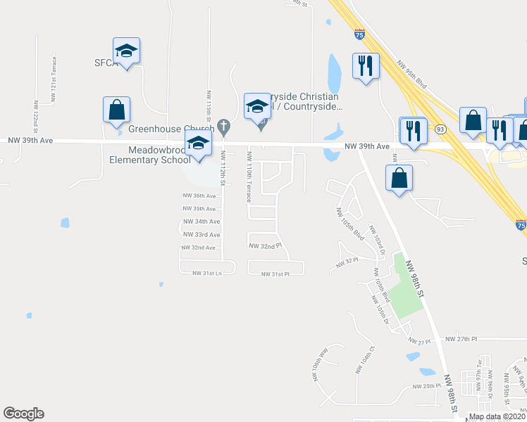 map of restaurants, bars, coffee shops, grocery stores, and more near 10919 Northwest 35th Place in Gainesville