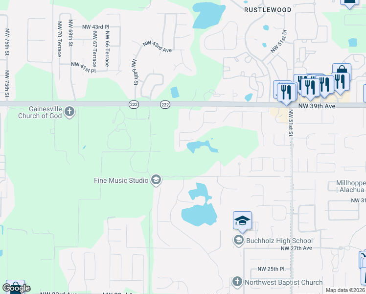 map of restaurants, bars, coffee shops, grocery stores, and more near 3505 Northwest 60th Terrace in Gainesville