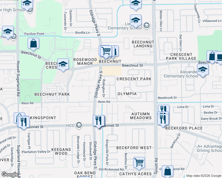 map of restaurants, bars, coffee shops, grocery stores, and more near 8610 Pottinger Drive in Houston