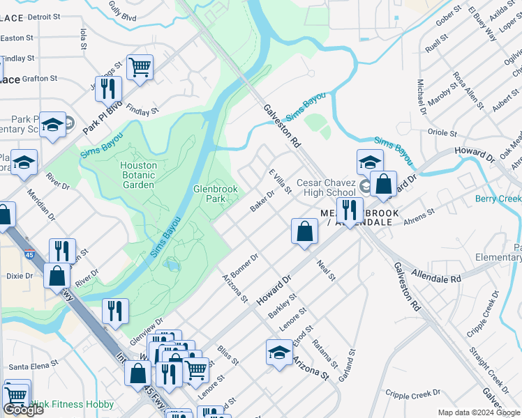 map of restaurants, bars, coffee shops, grocery stores, and more near 8346 Glenview Drive in Houston