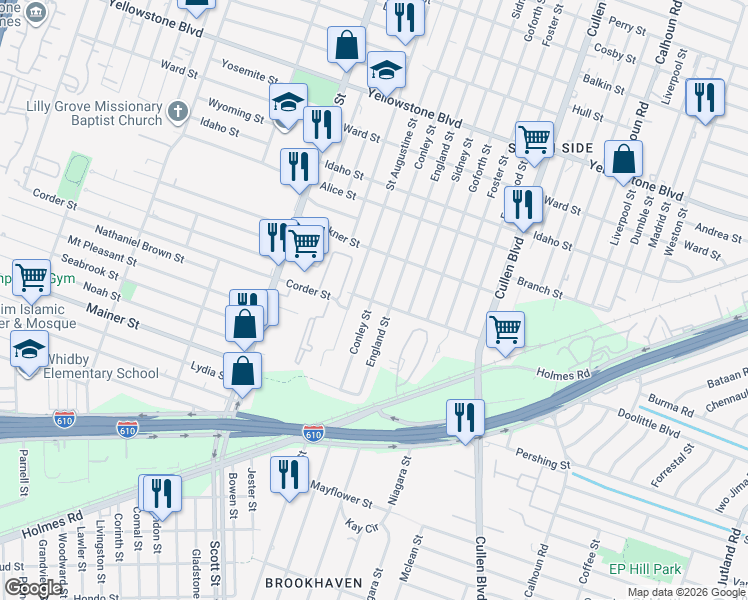 map of restaurants, bars, coffee shops, grocery stores, and more near 7214 Conley Street in Houston