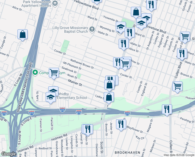 map of restaurants, bars, coffee shops, grocery stores, and more near 3725 Noah Street in Houston