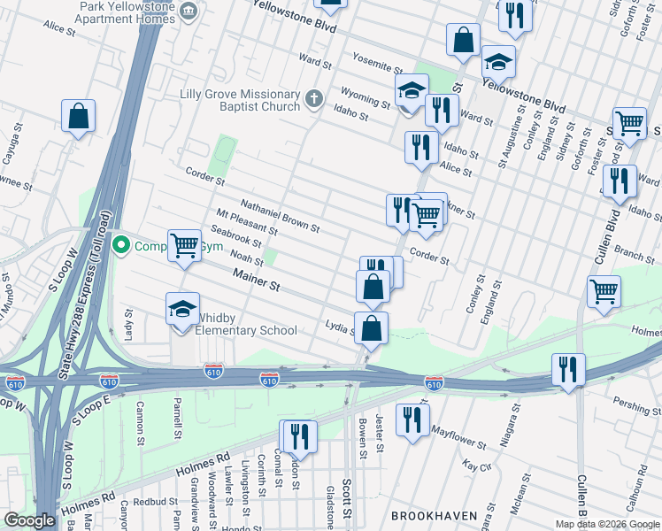 map of restaurants, bars, coffee shops, grocery stores, and more near 3725 Noah Street in Houston