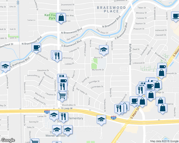 map of restaurants, bars, coffee shops, grocery stores, and more near 9018 Ilona Lane in Houston