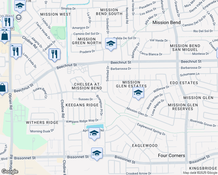 map of restaurants, bars, coffee shops, grocery stores, and more near 16219 April Ridge Drive in Houston