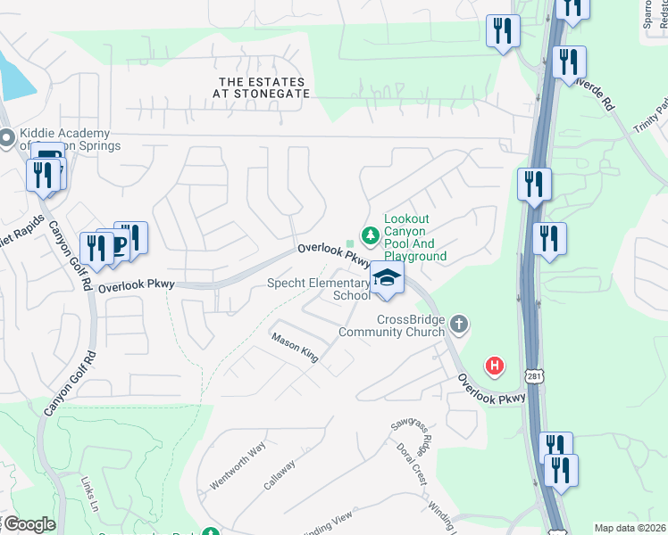 map of restaurants, bars, coffee shops, grocery stores, and more near 25923 Torch Lily in San Antonio