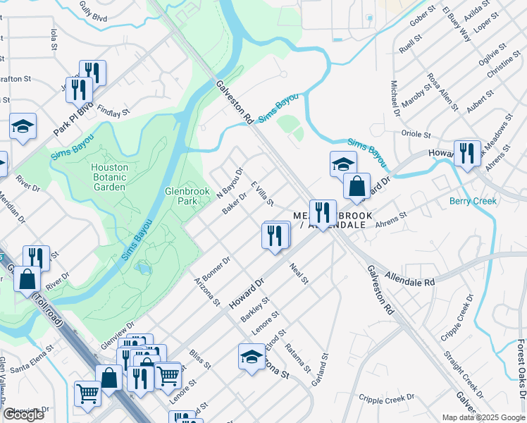 map of restaurants, bars, coffee shops, grocery stores, and more near 8415 Bonner Drive in Houston