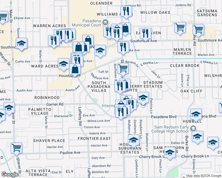 map of restaurants, bars, coffee shops, grocery stores, and more near 1812 Buchanan Street in Pasadena