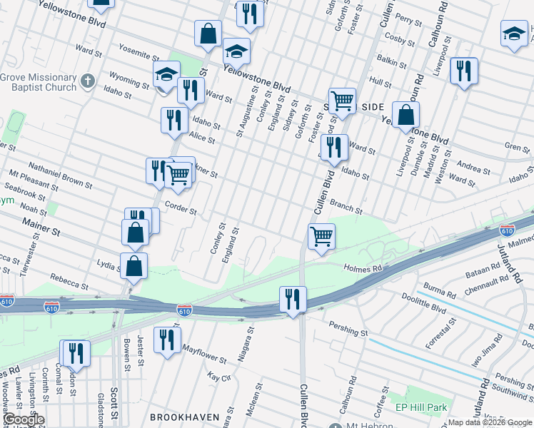 map of restaurants, bars, coffee shops, grocery stores, and more near 7136 Goforth Street in Houston