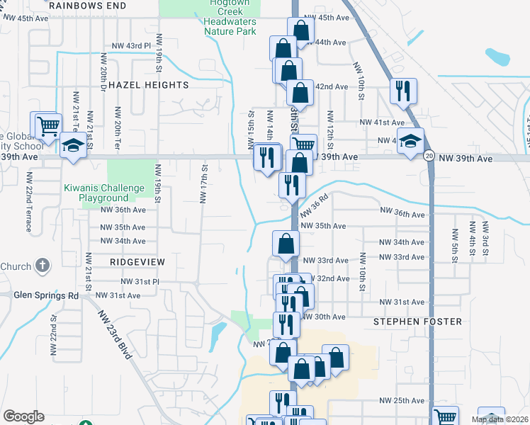 map of restaurants, bars, coffee shops, grocery stores, and more near 1453 Northwest 36 Place in Gainesville