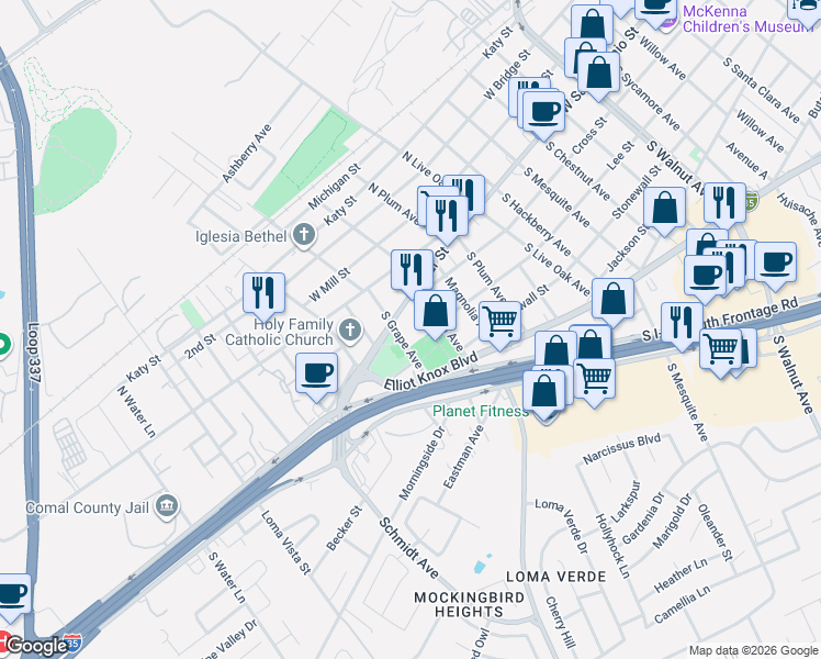 map of restaurants, bars, coffee shops, grocery stores, and more near 250 South Grape Avenue in New Braunfels