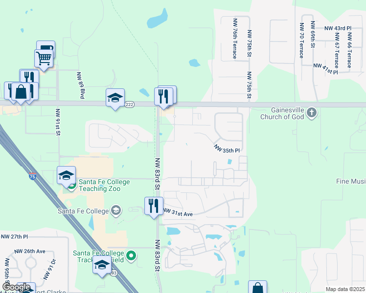map of restaurants, bars, coffee shops, grocery stores, and more near 3605 Northwest 83 Street in Gainesville