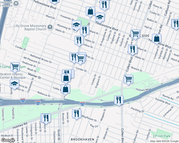 map of restaurants, bars, coffee shops, grocery stores, and more near 7214 Conley Street in Houston