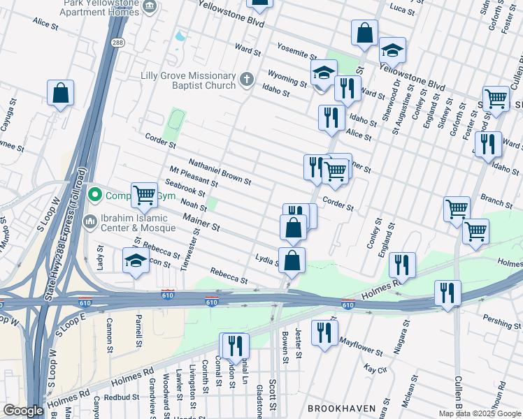 map of restaurants, bars, coffee shops, grocery stores, and more near 3725 Noah Street in Houston
