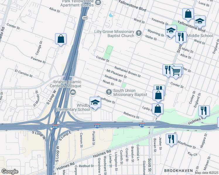 map of restaurants, bars, coffee shops, grocery stores, and more near 3539 Lydia Street in Houston