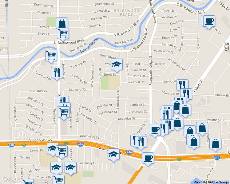 map of restaurants, bars, coffee shops, grocery stores, and more near 9103 Timberside Drive in Houston